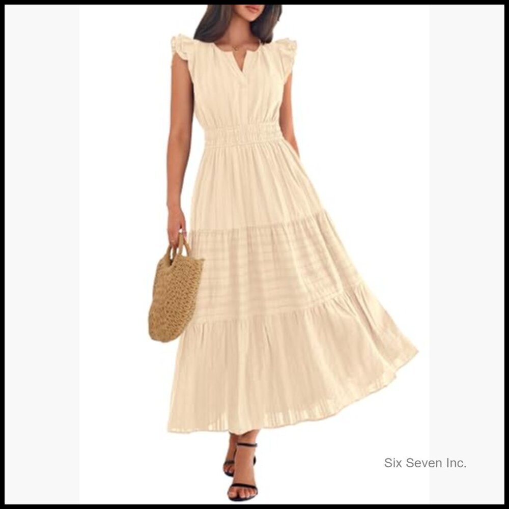 Breathable Cotton Maxi Dress with Pockets, Flutter Sleeves, Elastic Waist - Picture 4 of 7